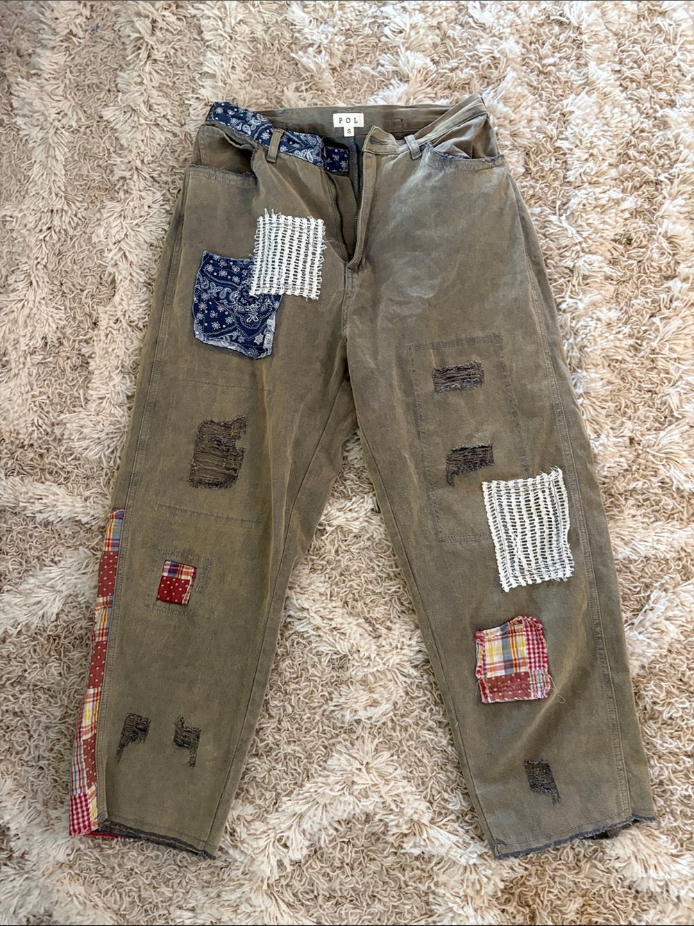 POL Olive Patchwork Corduroy Pants with Mixed Fabric Details